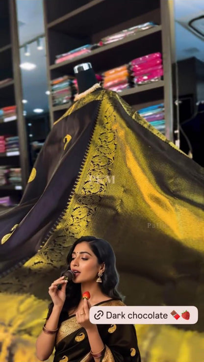 Dark Chocolate Banarasi Soft Silk Saree with Rich Golden Zari Border | Traditional Wedding & Festive Wear