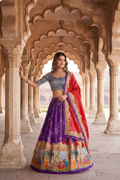 Royal Purple Dola Silk Digital Print Lehenga Choli with Designer Bandhani Dupatta