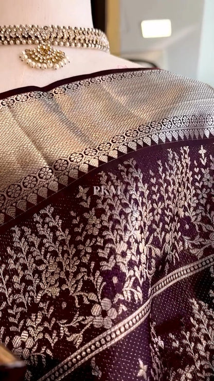 legant Espresso Brown Banarasi Soft Silk Saree with Silver Zari Weaving & Red Contrast Blouse