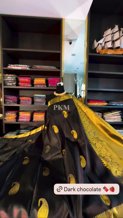 Dark Chocolate Banarasi Soft Silk Saree with Rich Golden Zari Border | Traditional Wedding & Festive Wear