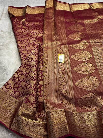 Maroon Banarasi Soft Silk Saree with Rich Golden Zari Weaving | Traditional Wedding & Festive Wear
