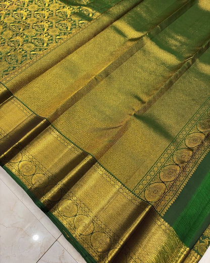 Green Kanjivaram Style Soft Silk Saree with All-Over Golden Zari Floral Weaving & Rich Zari Border