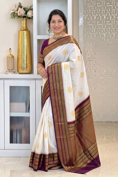 White Soft Silk Saree with Purple Zari Border | Traditional Banarasi Style Festive Wear