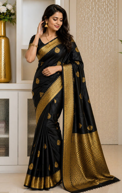 Black Banarasi Soft Silk Saree with Rich Golden Zari Border | Traditional Wedding & Festive Wear