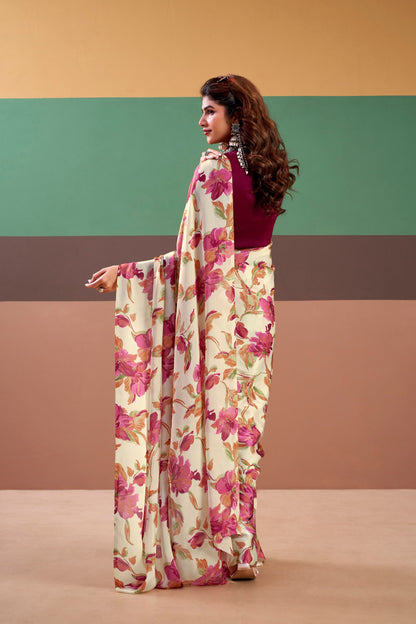 Premium Satin Silk Floral Printed Saree with Stitched Natural Silk Blouse | Elegant Party Wear (4 Colors)