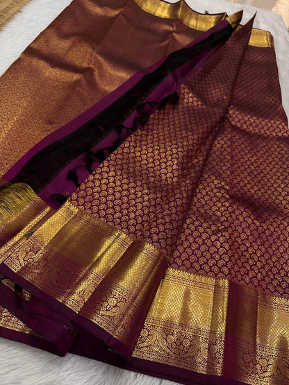 Purple Banarasi Soft Silk Saree with Rich Gold Zari Weaving & Contrast Pallu | Traditional Wedding Wear | Unstitched Blouse