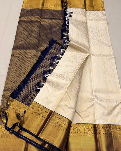 Cream Banarasi Soft Silk Saree with Navy Blue Contrast Border & Rich Zari Pallu | Traditional Wedding Wear | Unstitched Blouse