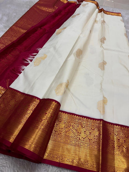 Off White Banarasi Soft Silk Saree with Rich Maroon Zari Border & Contrast Pallu | Traditional Wedding Wear | Unstitched Blouse