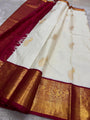 Off White Banarasi Soft Silk Saree with Rich Maroon Zari Border & Contrast Pallu | Traditional Wedding Wear | Unstitched Blouse