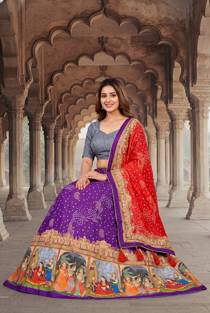 Royal Purple Dola Silk Digital Print Lehenga Choli with Designer Bandhani Dupatta