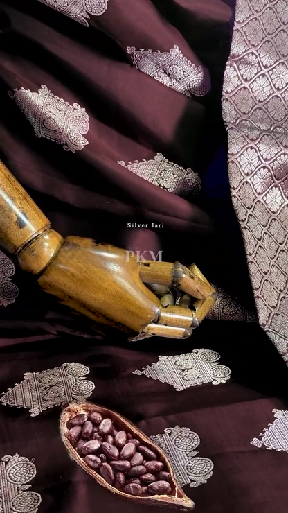 Elegant Chocolate Brown Banarasi Soft Silk Saree with Silver Zari Weaving