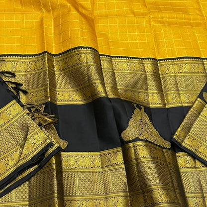 Mustard Yellow Banarasi Soft Silk Saree with Navy Blue Rich Zari Border | Traditional Wedding & Festive Wear