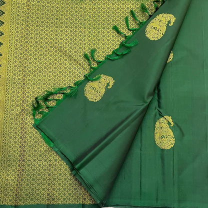 Green Banarasi Soft Silk Saree with Rich Peacock Butta & Heavy Zari Pallu | Traditional Wedding Wear | Unstitched Blouse