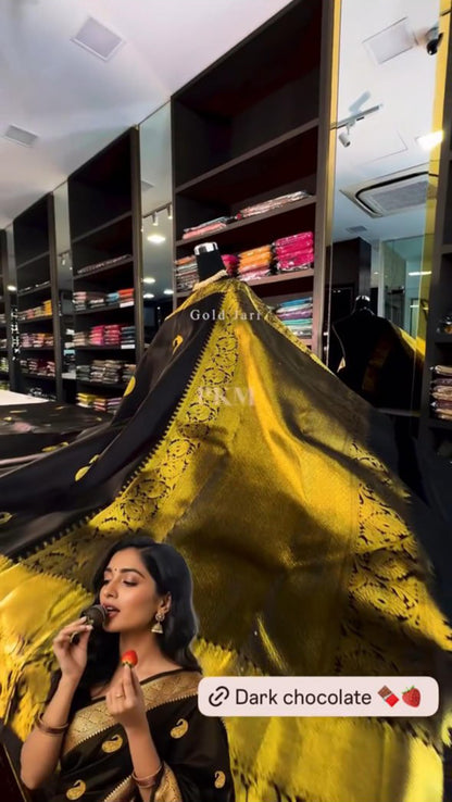 Dark Chocolate Banarasi Soft Silk Saree with Rich Golden Zari Border | Traditional Wedding & Festive Wear