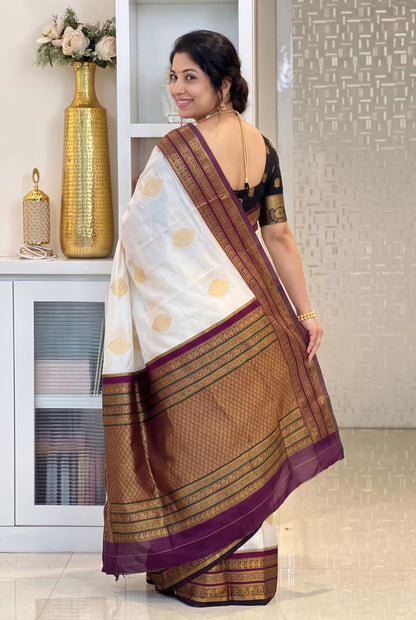White Soft Silk Saree with Purple Zari Border | Traditional Banarasi Style Festive Wear