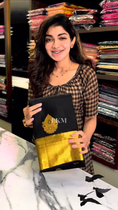 Black Banarasi Soft Silk Saree with Rich Golden Zari Border | Traditional Wedding & Festive Wear