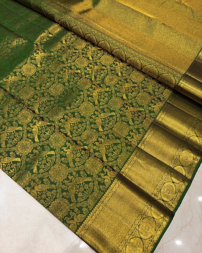 Green Kanjivaram Style Soft Silk Saree with All-Over Golden Zari Floral Weaving & Rich Zari Border