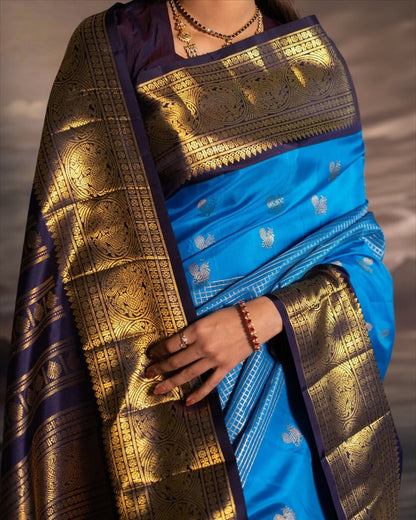 Sky Blue Kanjivaram Silk Saree with Rich Gold Zari Border