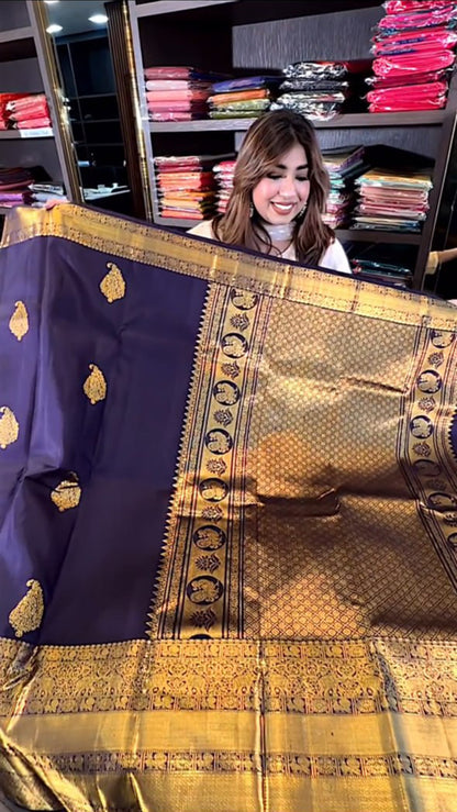 Navy Blue Banarasi Soft Silk Saree with Rich Golden Zari Border | Traditional Wedding & Festive Wear