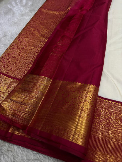 Off White Banarasi Soft Silk Saree with Rich Maroon Zari Border & Contrast Pallu | Traditional Wedding Wear | Unstitched Blouse