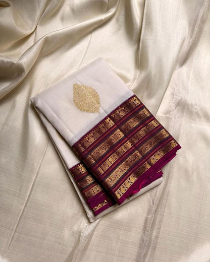 White Soft Silk Saree with Purple Zari Border | Traditional Banarasi Style Festive Wear