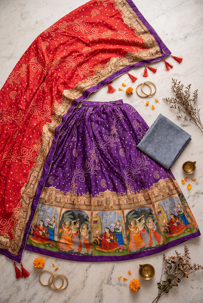 Royal Purple Dola Silk Digital Print Lehenga Choli with Designer Bandhani Dupatta
