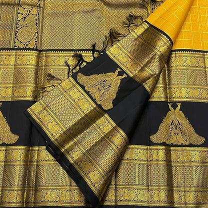 Mustard Yellow Banarasi Soft Silk Saree with Navy Blue Rich Zari Border | Traditional Wedding & Festive Wear