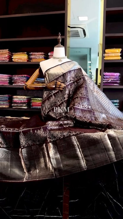legant Espresso Brown Banarasi Soft Silk Saree with Silver Zari Weaving & Red Contrast Blouse