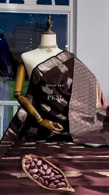 Elegant Chocolate Brown Banarasi Soft Silk Saree with Silver Zari Weaving
