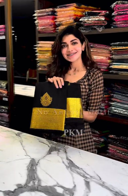 Black Banarasi Soft Silk Saree with Rich Golden Zari Border | Traditional Wedding & Festive Wear