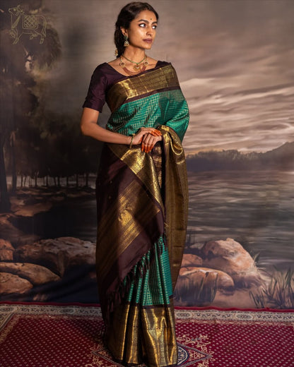 Green & Purple Kanjivaram Silk Saree with Rich Zari Border & Traditional Peacock Motifs