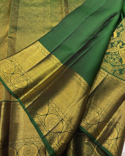 Green Kanjivaram Style Soft Silk Saree with All-Over Golden Zari Floral Weaving & Rich Zari Border