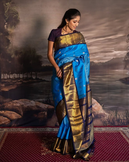 Sky Blue Kanjivaram Silk Saree with Rich Gold Zari Border