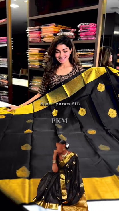 Black Banarasi Soft Silk Saree with Rich Golden Zari Border | Traditional Wedding & Festive Wear