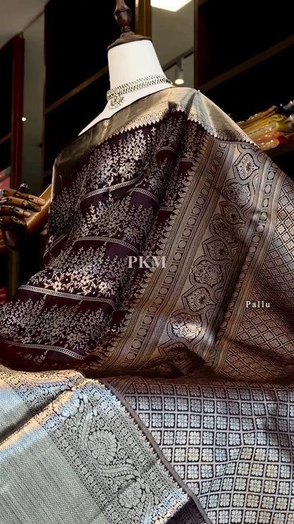 legant Espresso Brown Banarasi Soft Silk Saree with Silver Zari Weaving & Red Contrast Blouse