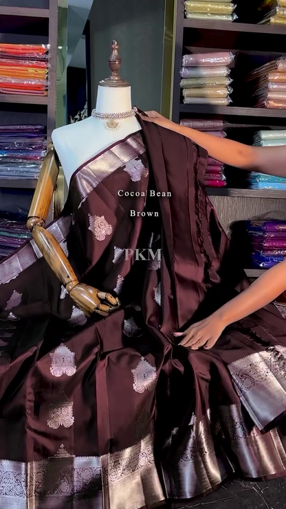 Elegant Chocolate Brown Banarasi Soft Silk Saree with Silver Zari Weaving