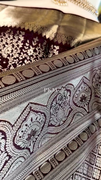 legant Espresso Brown Banarasi Soft Silk Saree with Silver Zari Weaving & Red Contrast Blouse