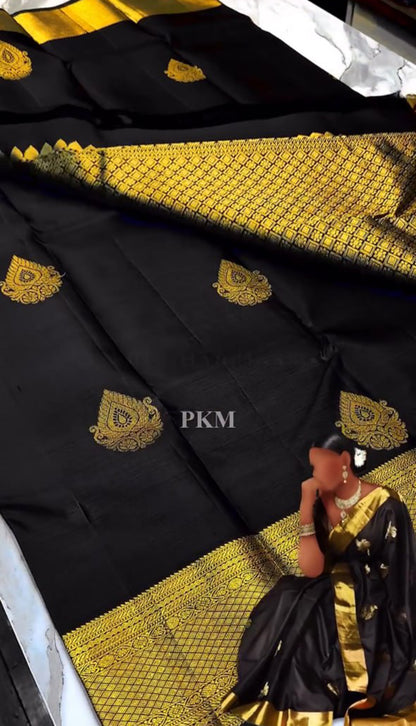 Black Banarasi Soft Silk Saree with Rich Golden Zari Border | Traditional Wedding & Festive Wear