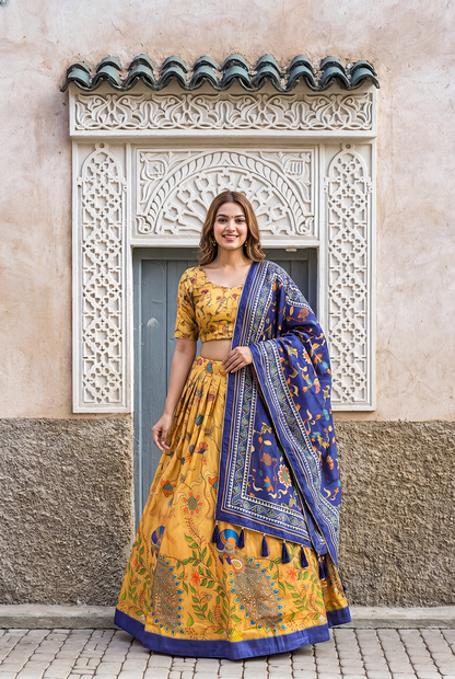 Mustard Yellow Digital Print Lehenga Choli with Navy Blue Dupatta | Traditional Floral Ethnic Wear for Women