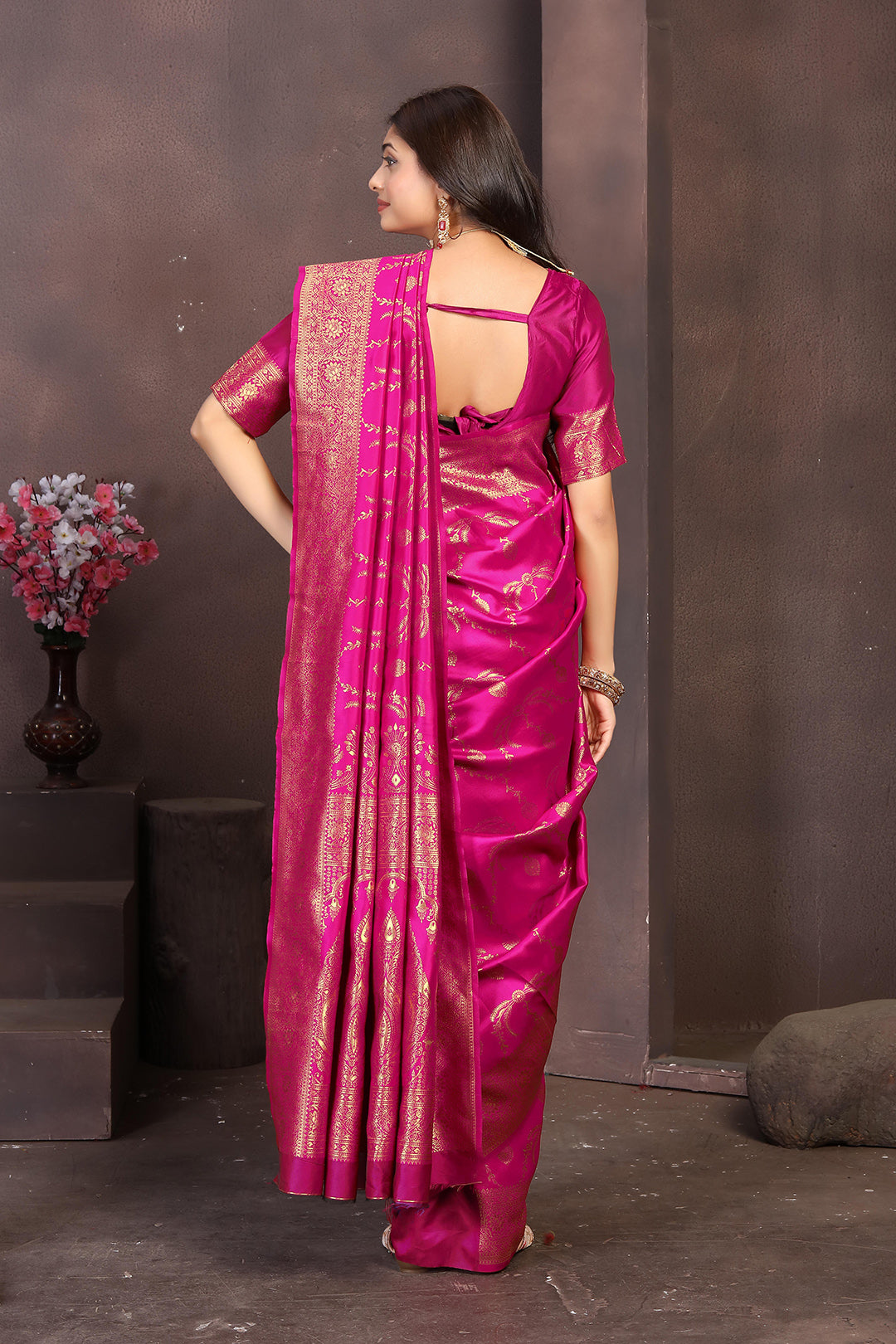 Vibrant Rani Pink Banarasi Silk Saree with Rich Golden Zari Detailing