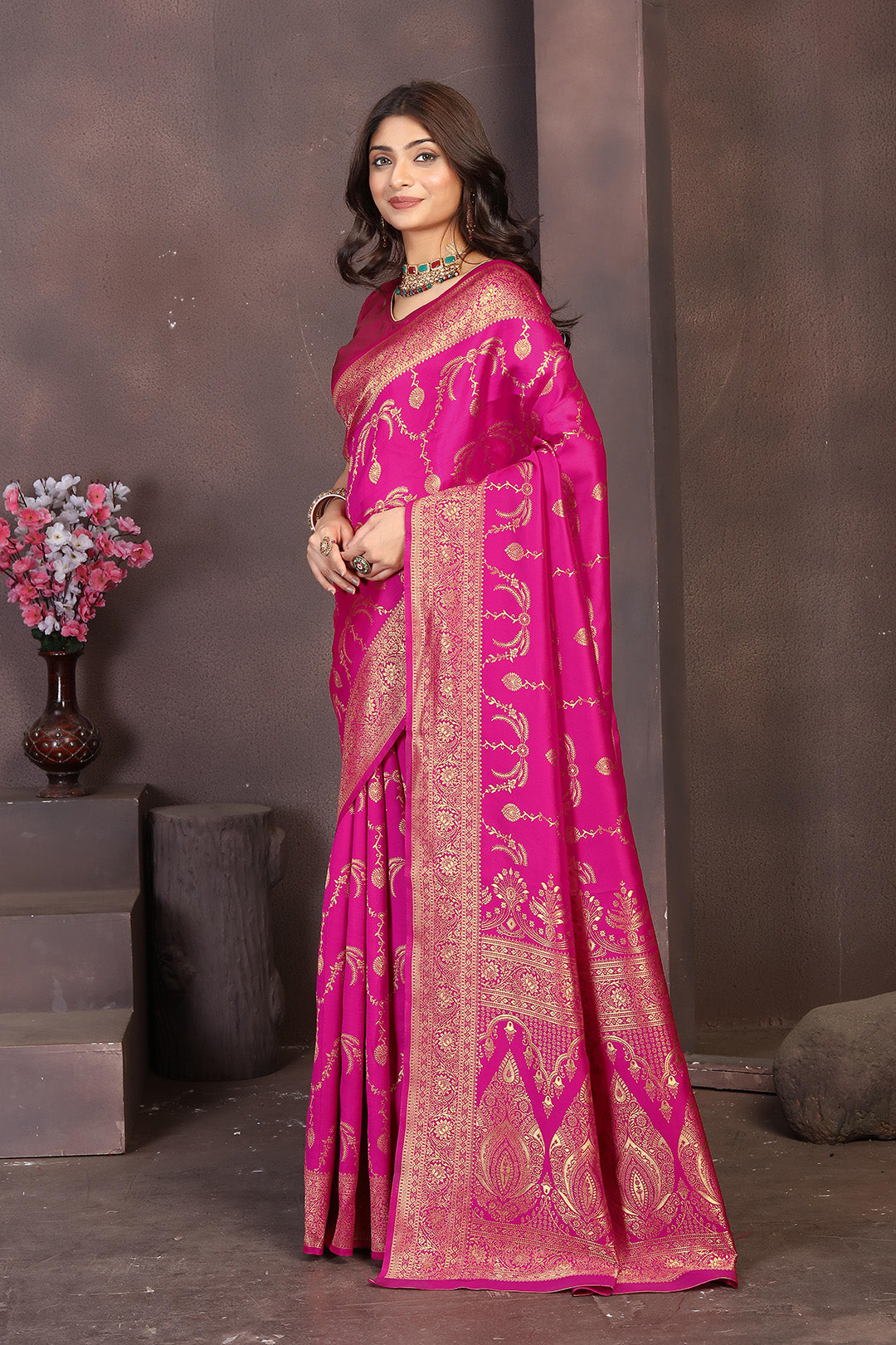 Vibrant Rani Pink Banarasi Silk Saree with Rich Golden Zari Detailing