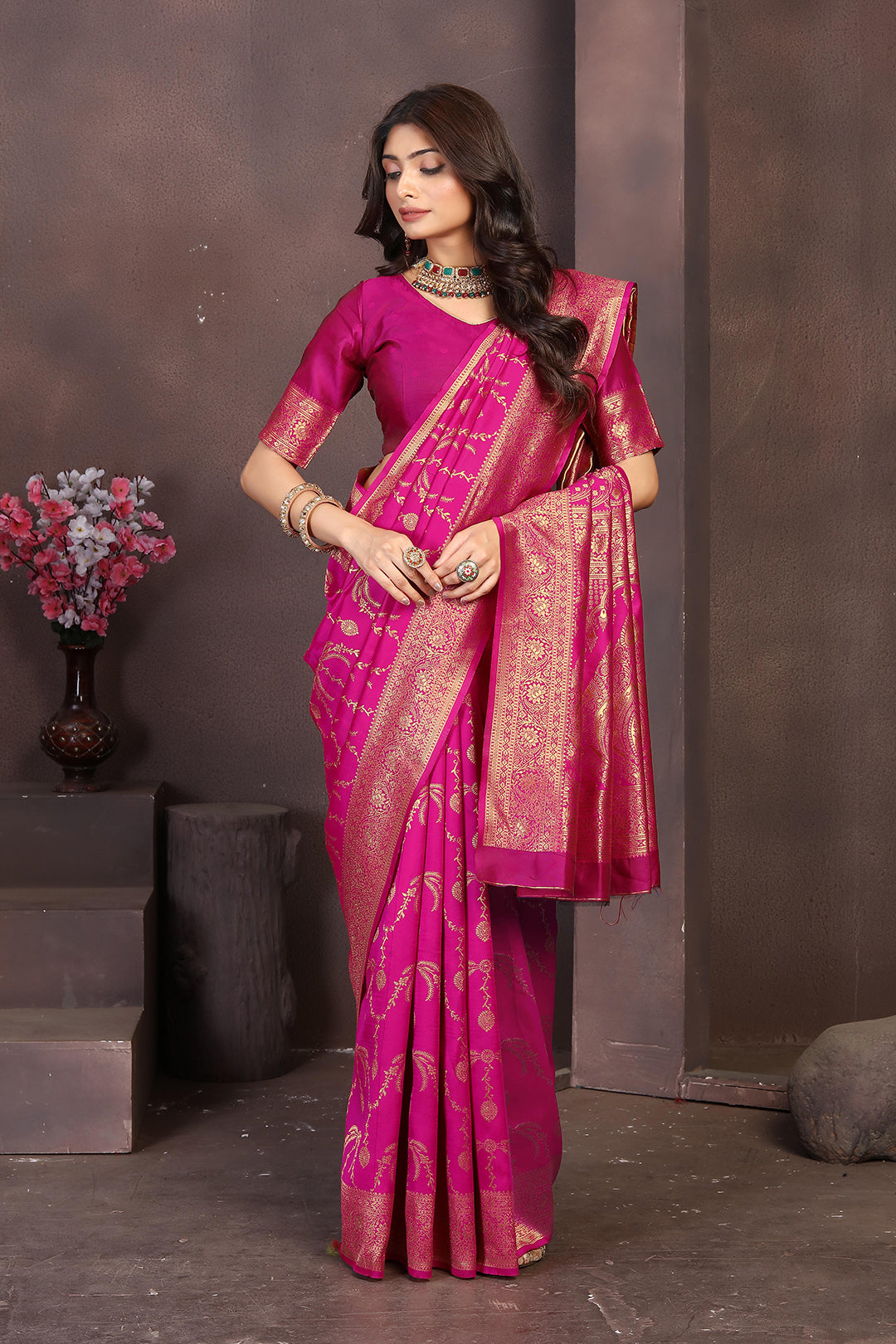 Vibrant Rani Pink Banarasi Silk Saree with Rich Golden Zari Detailing
