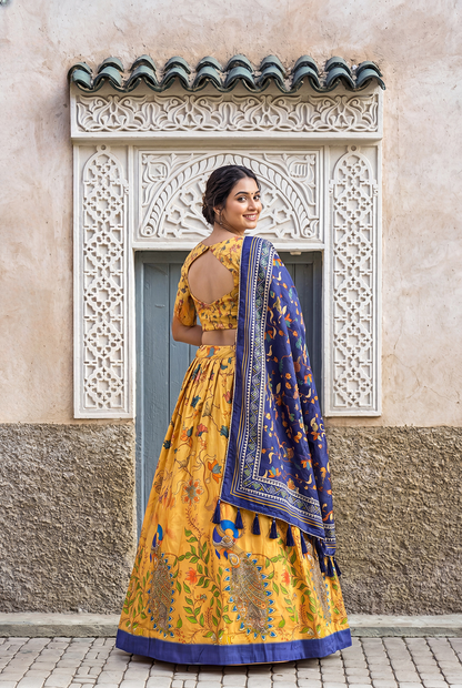 Mustard Yellow Digital Print Lehenga Choli with Navy Blue Dupatta | Traditional Floral Ethnic Wear for Women