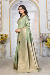 Pastel Pistachio Green Jacquard Silk Saree with Gold Zari & Teal Contrast Blouse