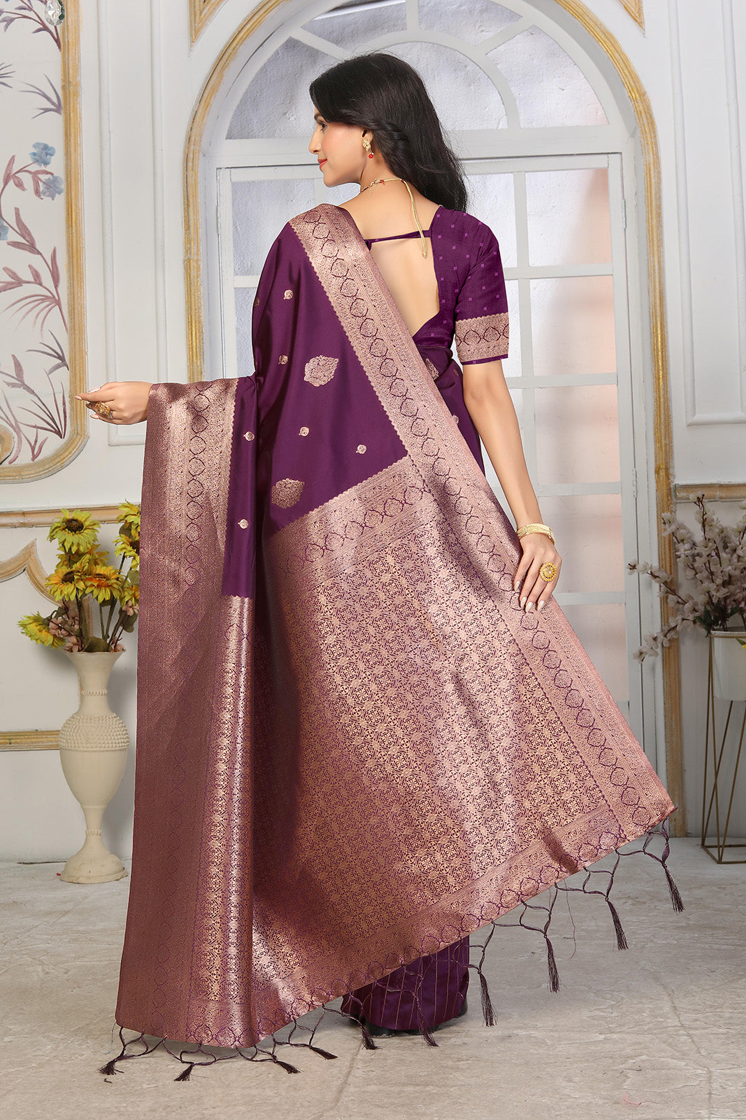 Royal Plum Purple Jacquard Silk Saree with Antique Rose Gold Zari Weaving