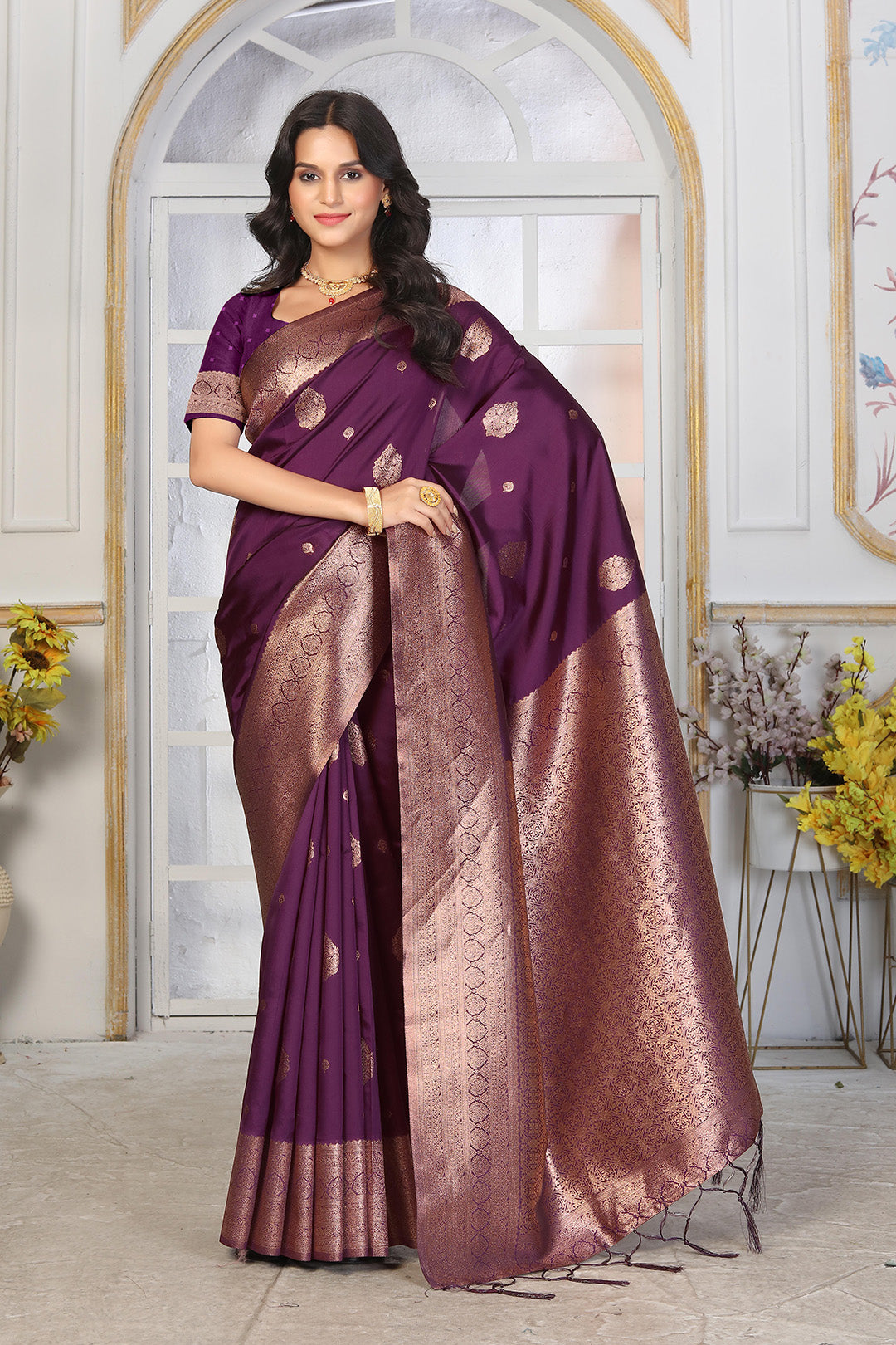 Royal Plum Purple Jacquard Silk Saree with Antique Rose Gold Zari Weaving