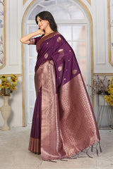 Royal Plum Purple Jacquard Silk Saree with Antique Rose Gold Zari Weaving
