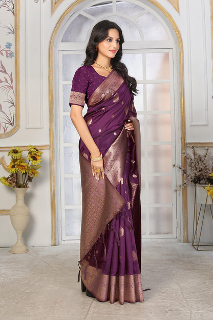 Royal Plum Purple Jacquard Silk Saree with Antique Rose Gold Zari Weaving