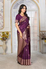 Royal Plum Purple Jacquard Silk Saree with Antique Rose Gold Zari Weaving