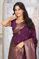 Royal Plum Purple Jacquard Silk Saree with Antique Rose Gold Zari Weaving